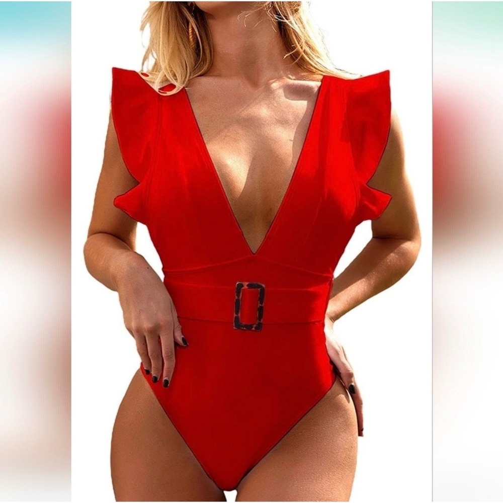 NWT Avanova Red Ruffle One Piece Belted V-Neck Swimsuit Size Medium